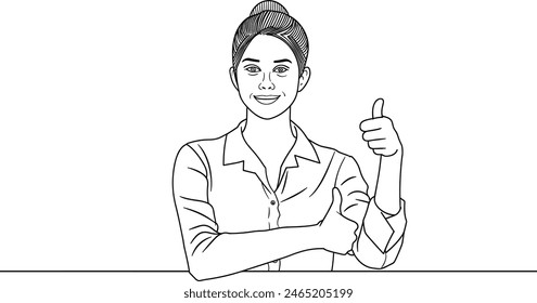 Businesswoman giving a thumbs up, positive feedback, approval gesture, encouragement expression. one continues line art vector illustration