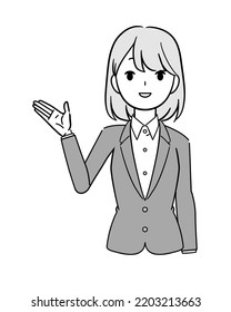 Businesswoman giving a tour ,Woman in suit.  front side, upper body