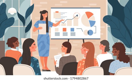 Businesswoman giving a training presentation to a group of diverse women explaining an analytical chart, colored vector illustration