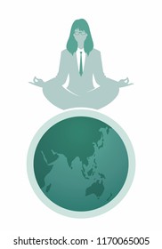 Businesswoman with glasses doing yoga on the top of the World
