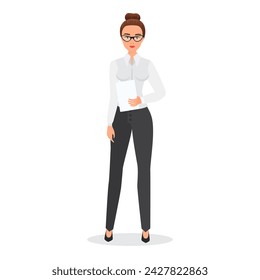 Businesswoman in glasses and formal clothes standing, woman holding paper document vector illustration