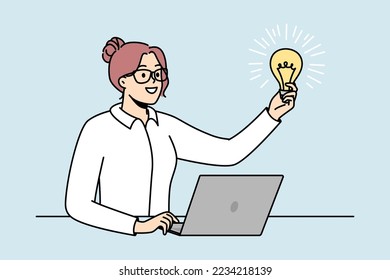 Businesswoman in glasses holds lit light bulb in front of her as symbol of inspiring idea, motivation, source of energy. Talented girl works at computer. Vector minimalistic design isolated on blue.