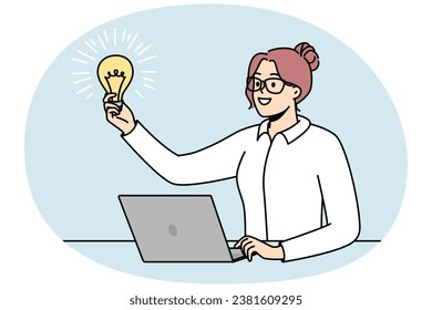 Businesswoman in glasses holds lit light bulb in front of her as symbol of inspiring idea, motivation, source of energy. Talented girl works at computer. Vector minimalistic design isolated on blue.