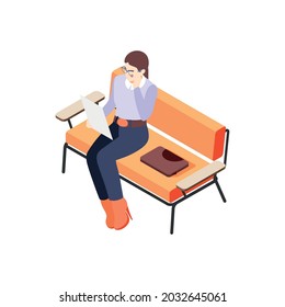 Businesswoman in glasses sitting on sofa and reading document 3d isometric vector illustration