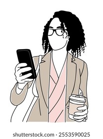 Businesswoman in glasses using mobile phone. Business woman standing in smart casual clothes holding takeaway coffee cup. Colored outline vector sketch drawing isolated on white background