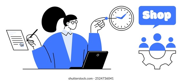 A businesswoman with glasses working on a laptop holds a pen, clock, and document. Shop and team collaboration icons visible. Ideal for business, productivity, management, retail, teamwork. Flat