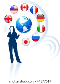 Businesswoman with Globe and internet Flag Buttons Original Vector Illustration