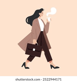 Businesswoman go to work side view. Busy woman walking, carrying briefcase. Business worker holds hot coffee paper cup. An employee in a formal office outfit. Flat isolated vector illustration.