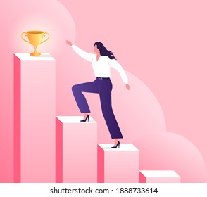  A businesswoman goes up career stairs to success. Colorful motivation vector illustration.