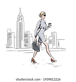 A businesswoman goes to work. Megapolis. Vector hand drawn illustration.