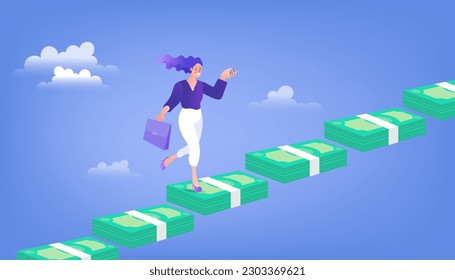 Empresaria subiendo escaleras de dinero. Gráfica al éxito. El negocio está creciendo. La mujer sube paso a paso. Objetivo y logro. Concepto de ilustración de vector financiero empresarial.