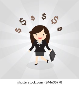 Businesswoman going to work happily. She's thinking about the money that would have been.