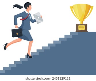 Empresaria y trofeo de oro en la escalera del éxito. Premio, victoria, gol, logro campeón. Éxito empresarial, triunfo, gol. Crecimiento en la carrera. Ganadora de la competición. Ilustración vectorial plana