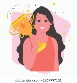 Businesswoman with golden cup , young woman standing with business award , female holding a victory trophy prize , Win contest Illustration
