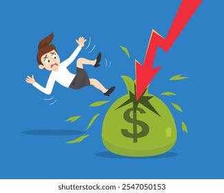 Businesswoman Got Arrow Down Financial Crisis Breaking Sack Of Money. Arrow Down Man Concept. Flat, Vector, Illustration, Cartoon, EPS10.   