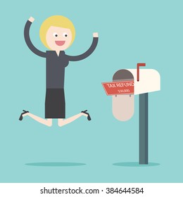 Businesswoman got Tax refund cheque in mailbox. Refunded check. Money spending. Flat design business financial marketing commercial banking web banner flyer minimal concept cartoon illustration.