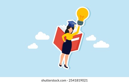 A businesswoman graduate with a graduation cap flying using a book and holding a light, illustration of business literacy enabling analysis of relevant ideas and innovations