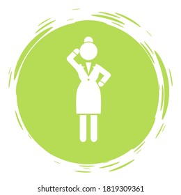 Businesswoman green cirlce portrait, stamp style, thinking businessperson, thoughtful woman avatar logo wearing office suit dress, keeping dresscode, female gesturing hand, anonymous person lady