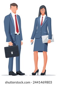 Businesswoman and businesswoman in grey suit isolated on white. Business woman with laptop, man with briefcase. Office employee or worker, manager, sales, bank clerk. Flat cartoon vector illustration