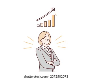 Businesswoman with Growing graph. Hand drawn style vector design illustrations.