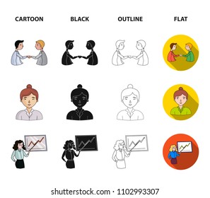 Businesswoman, growth charts, brainstorming.Business-conference and negotiations set collection icons in cartoon,black,outline,flat style vector symbol stock illustration web.