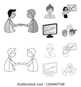 Businesswoman, growth charts, brainstorming.Business-conference and negotiations set collection icons in outline,monochrome style vector symbol stock illustration web.