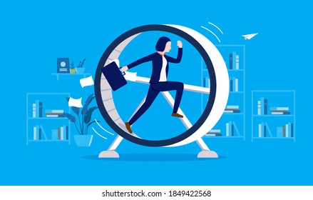Businesswoman in hamster wheel - Woman running and getting nowhere, doing meaningless work and unnecessary stress concept. Vector illustration.