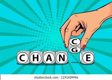 Businesswoman hand change word on blocks to chance. Business motivation. Vector illustration in pop art retro comic style