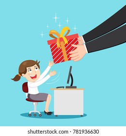 Businesswoman and hand giving gift box illustration vector cartoon
