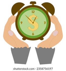 Businesswoman hand handle a Clock. Time is money. Vector time and financial management illustration. Flat style Business picture. Woman hands and Watches. Timing, planning, entrepreneur, meeting.