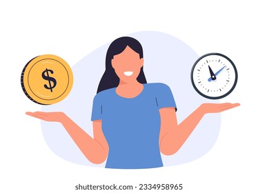 Businesswoman hand holds dollar coin and clock. Time and money balance. Income, costs, financial scale. Solution and rationality balance.Hand drawn style vector design illustrations