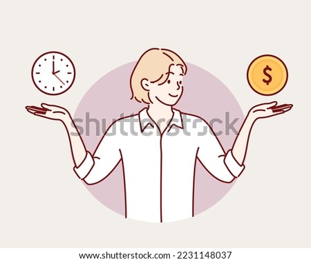Businesswoman hand holds dollar coin and clock. Time and money balance. Income, costs, financial scale. Solution and rationality balance.Hand drawn style vector design illustrations.