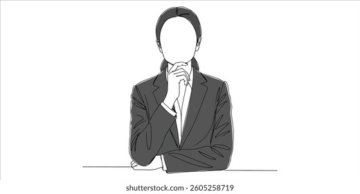 businesswoman hand on chin continuous single line art drawing sketch on white background