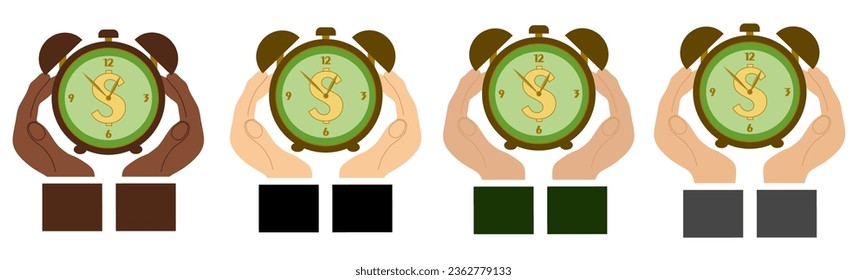 Businesswoman hand point at Wristwathes. Time is money. Vector time and financial management illustration. Flat style Business picture. Woman hands and Clock. Timing, planning, entrepreneur, meeting.