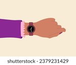 Businesswoman hand with wrist watch. Modern accessory for women. Hand drawn vector illustration isolated on light background, flat cartoon style.
