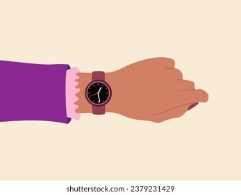 Mujer de negocios con reloj de pulsera. Accesorio moderno para mujeres. Ilustración vectorial dibujada a mano aislada en el fondo de la luz, estilo de caricatura plana.