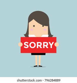 Businesswoman hands holding sorry sign. vector