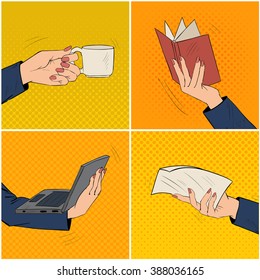 Businesswoman Hands Set with Cup of Coffee, Book, Laptop and Paper Document. Vector illustration in Pop Art Style