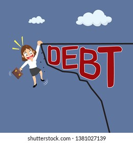 Businesswoman hanging on edge of debt word, illustration vector cartoon