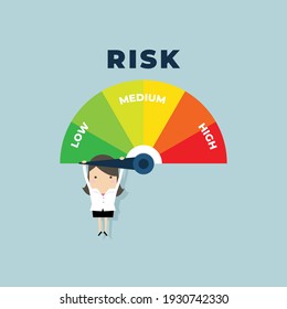 Businesswoman Hanging On A Risk Meter. Risk On The Speedometer Is High, Medium, Low.