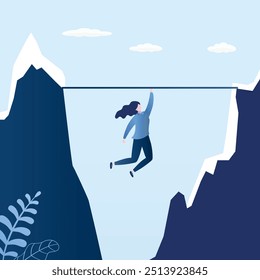 Businesswoman hangs over the abyss, business problem or crisis concept, mountain peaks, trendy style vector illustration