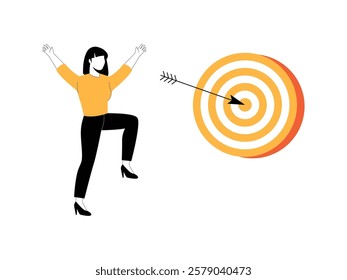 Businesswoman is happy because her darts are on target.
design, vector, illustration