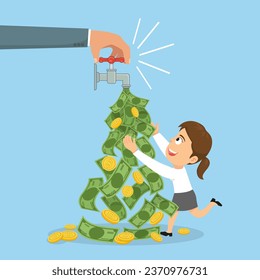 Businesswoman happy with pipe of money finance flow, illustration, vector, cartoon, EPS 10.  