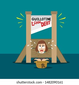 Businesswoman hard working in loan and debt guillotine, illustration vector cartoon