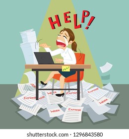 Businesswoman hard working with pile of work, illustration vector cartoon