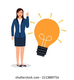 Businesswoman has a good idea concept vector illustration. Bight idea lightbulb.