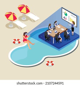 Businesswoman having a business presentation in metaverse while in vacation isometric 3d vector concept for banner, website, illustration, landing page, flyer, etc.