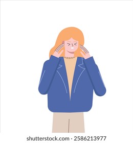 Businesswoman having a headache thinking about work. Female worker has a lot on her mind. Worker who is stressed. Flat design vector illustration isolated on white background