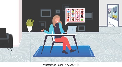 businesswoman having online briefing or consultation during video call remote work quarantine isolation concept business woman usilng laptop at workplace living room interior full length vector