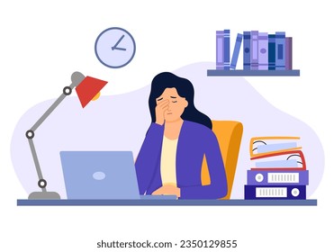 Businesswoman having painful headache concept vector illustration. Migraine health problem flat design. Stressful at work. Office syndrome.